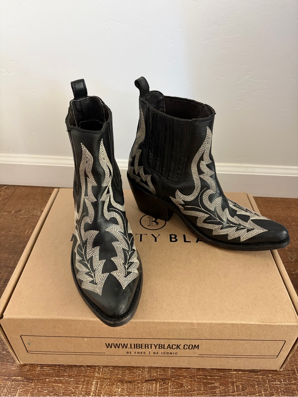 Liberty Black Leather Western Embroidered Ankle Booties